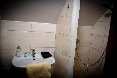 a bathroom with a sink and a shower at Penzion Nattali in Poprad