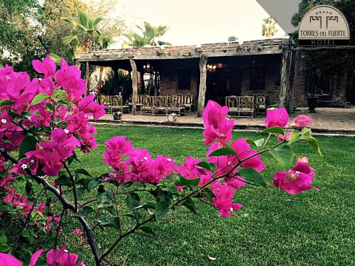 a bunch of pink flowers in front of a building at Hotel Torres Del Fuerte in El Fuerte