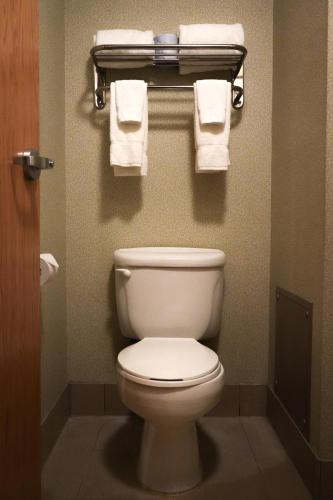 a bathroom with a white toilet and towels at Prince Conference Center & Hotel in Grand Rapids