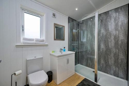 a bathroom with a shower and a toilet and a sink at Finest Retreats - Silverwood Executive Chalet in Errol