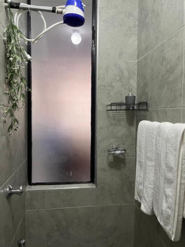 a bathroom with a shower with a mirror and towels at Ems Haven Apartment in Ongata Rongai 