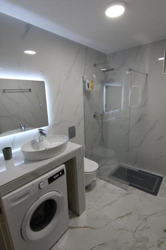 a bathroom with a washing machine and a sink at Holiday Luxury Villas in Kalamaki