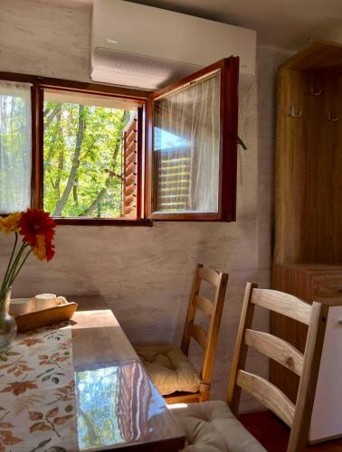 a kitchen with a table and chairs and a window at Šumarak Weekend House in Arandelovac