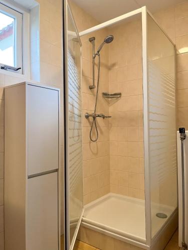 a shower with a glass door in a bathroom at Huize Sallandse Stilte in Heeten