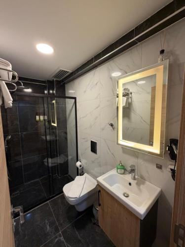 a bathroom with a toilet and a sink and a shower at LUTA Urla in Urla