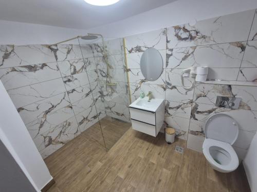 a bathroom with a toilet and a sink and a mirror at Hello Retezat in Râu de Mori