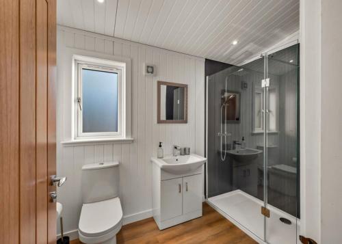 a bathroom with a toilet and a sink and a shower at Finest Retreats - Silverwood Deluxe Chalet in Errol