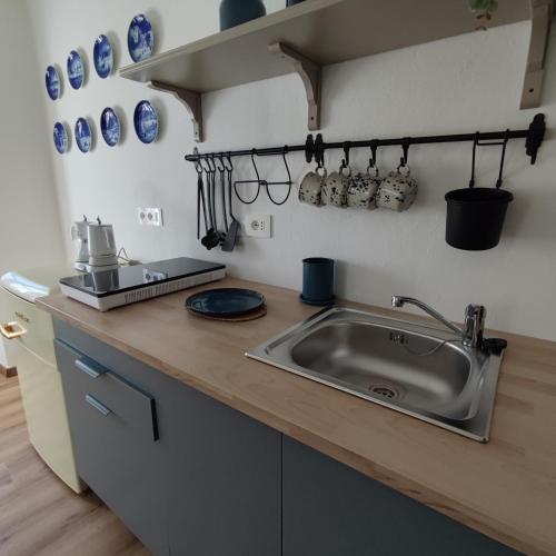 a kitchen with a sink and blue and white plates at Charme a Corniglio in Corniglio