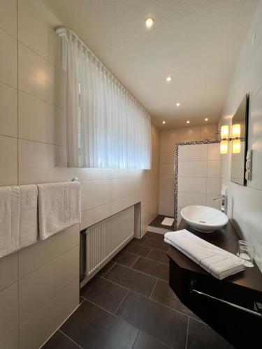 a bathroom with a sink and a toilet and a mirror at Aparts4ring 5 Nürburg in Nürburg