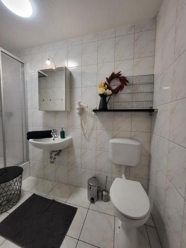 a white bathroom with a toilet and a sink at 15 Vogelnest - Hof Wiesengrund in Parchtitz
