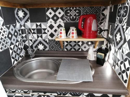 a kitchen with a sink in a kitchen with black and white tiles at Espacio Innata in Punta Arenas