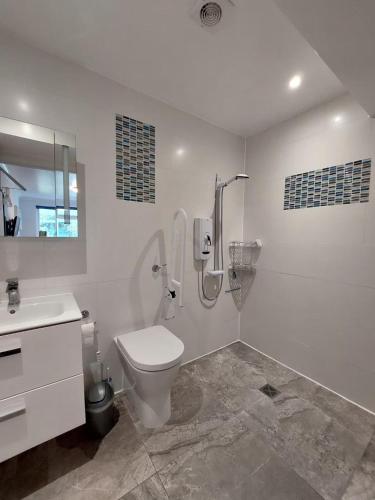 a white bathroom with a toilet and a shower at Double bedroom with ensuite wet room, incl breakfast, in Woking in Woking