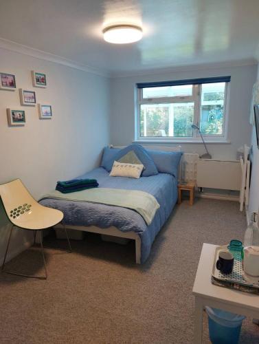a bedroom with a bed and a table and a window at Double bedroom with ensuite wet room, incl breakfast, in Woking in Woking