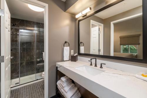 a bathroom with a sink and a mirror at The Ohioan Hotel and Event Center in Lewis Center