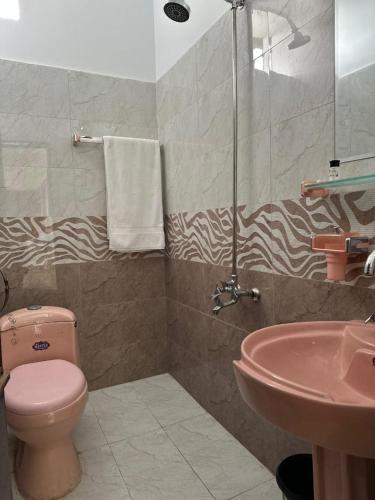 a bathroom with a pink toilet and a sink at Hotel Comfort Hill in Abbottabad