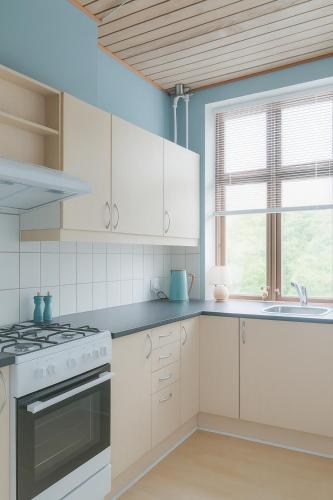 a kitchen with white cabinets and a stove top oven at Greenbrook Blue TwinSuite in Aalborg