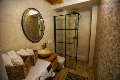 a bathroom with a sink and a toilet and a mirror at Cliffside Villa Vilić in Vrgorac