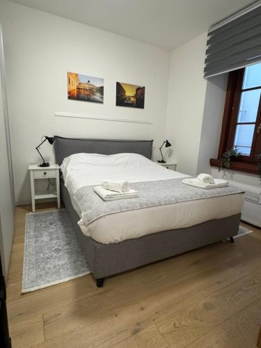 a bedroom with a large bed with a wooden floor at App Borsa Trieste in Trieste