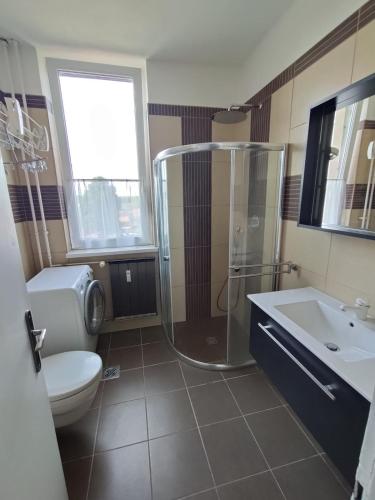 a bathroom with a shower and a toilet and a sink at Városközpont Tata in Tata