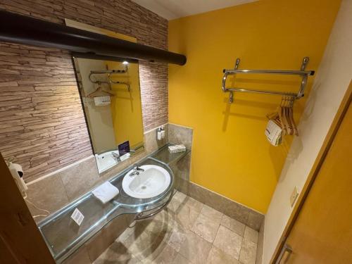 a bathroom with a sink and a mirror at Hotel Colonial Hermosillo in Hermosillo
