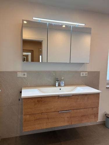 a bathroom with a sink and a mirror at Groß Höpper in Albertshofen