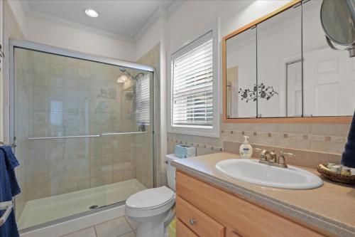 a bathroom with a sink and a shower and a toilet at River Watcher Cottage in Bell