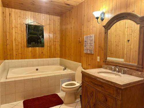a bathroom with a tub and a toilet and a sink at Blushing Bear Stunning Views in Sevierville