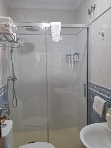 a bathroom with a shower and a toilet and a sink at Apartamentos El Barrio in Nerja
