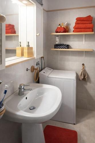 a bathroom with a sink and a washing machine at SkiLift Tarvisio Apartment Free Parking in Tarvisio