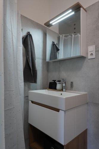 a bathroom with a white sink and a mirror at Wittgruber's Upperroom in Koliba