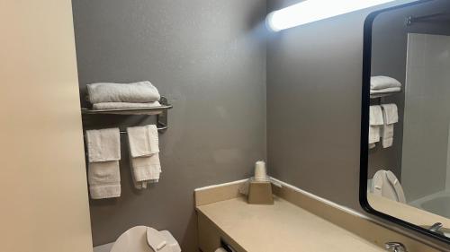 a bathroom with a sink and a mirror and towels at Motel 6-Anderson, IN in Anderson