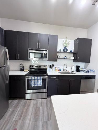 a kitchen with black cabinets and stainless steel appliances at FIFA WORLD CUP! POOL VIEW! Near Dallas Love Field! Medical District! Downtown Dallas! in Dallas