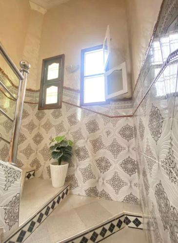 a bathroom with a window and a potted plant at Spacious Family Apartment in Er Rachidia