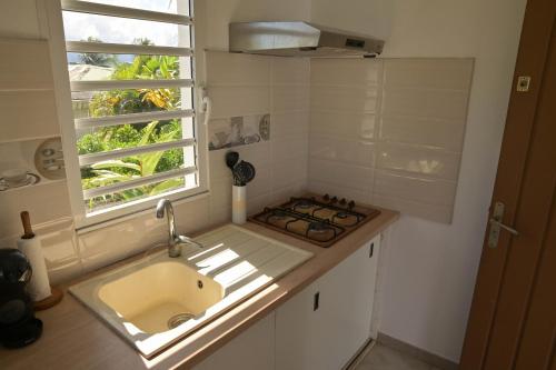 eine kleine Küche mit Spüle und Fenster in der Unterkunft Sikriyé in Petit-Bourg