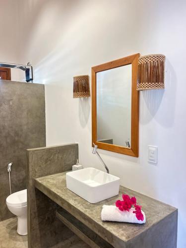 a bathroom with a sink and a mirror and a toilet at La belle de jour in Fortim