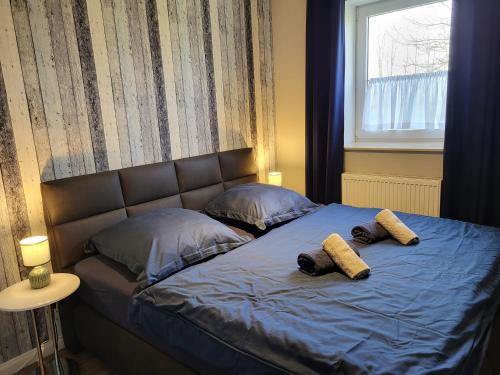a bed with two pillows on it with a window at 10 Walnuss - Hof Wiesengrund in Parchtitz