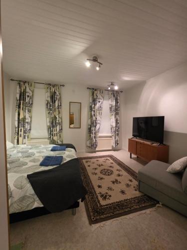 a bedroom with a bed and a flat screen tv at Huoneisto Kuusi in Kokkola