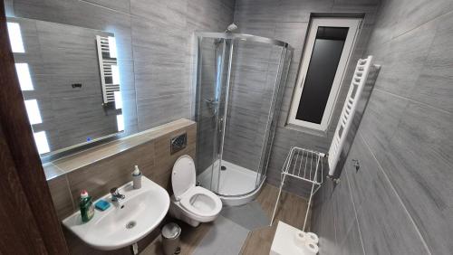 a bathroom with a toilet and a sink and a shower at KEISA APARTRooms in Nowy Sącz
