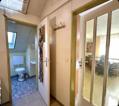 a bathroom with a toilet and a glass door at Private Top Floor Apartment near Sana Klinik in Offenbach