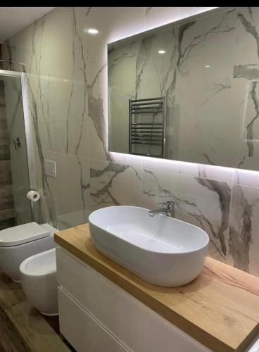 a bathroom with a sink and a toilet and a mirror at Mini white apartment in Scandicci