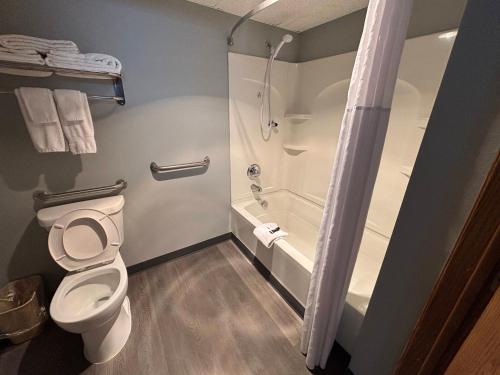 a small bathroom with a toilet and a shower at Covered Bridge Inn in Winterset