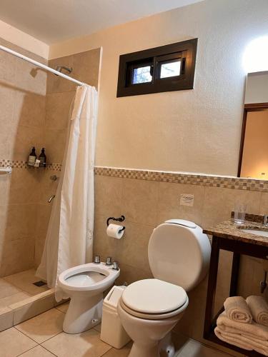 a bathroom with a toilet and a shower at La Quinta Resort in Merlo