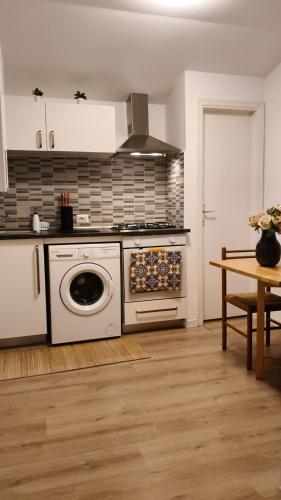 a kitchen with a stove and a washing machine at Ro'& Ro' in Montemarciano
