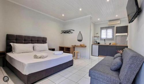 a bedroom with a bed and a couch and a kitchen at Αγριελια Apartments in Platy