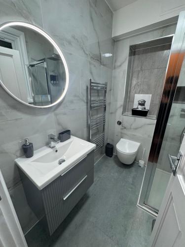 a bathroom with a sink and a mirror and a toilet at Timeless Spacious 1bedroom Duplex apartment with balcony in Shoreditch in London