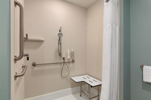 a white bathroom with a shower and a bath tub at LivSmart Studios By Hilton Kokomo in Kokomo