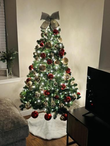 a christmas tree with red and silver ornaments at Cottage in Crieff in Crieff