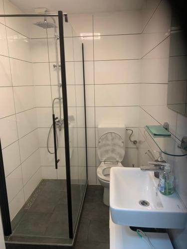 a bathroom with a shower and a toilet and a sink at KM APPARTS 5 Wesel in Wesel