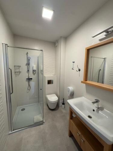 a bathroom with a shower and a sink and a toilet at Carina Hotel in Tczew