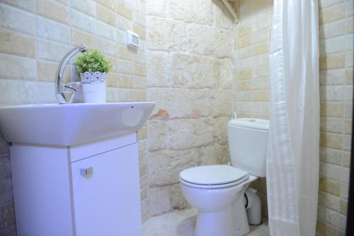 a bathroom with a white sink and a toilet at Mensa Christi Guesthouse in Nazareth